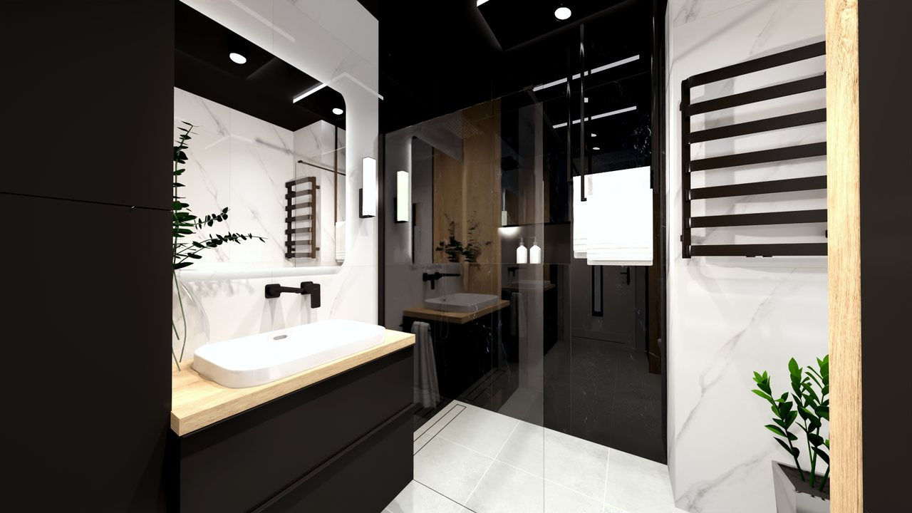 Projekt łazienki biało-czarnej z czarnym grzejnikiem